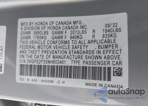 2022 Honda Civic Sport из США, поврежденный, VIN 2HGFE2F55NH603461